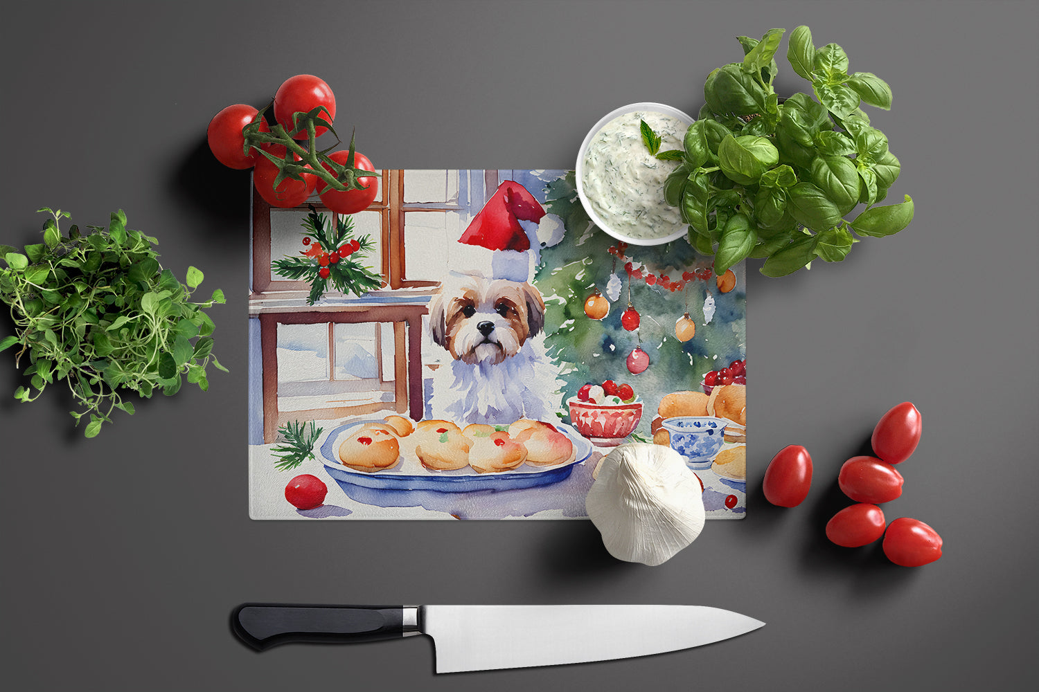 Lhasa Apso Christmas Cookies Cutting Board Tempered Glass Kitchen Cutting Surface, Heat Resistant Chopping, Non-Slip Feet, Food Prep & Serving