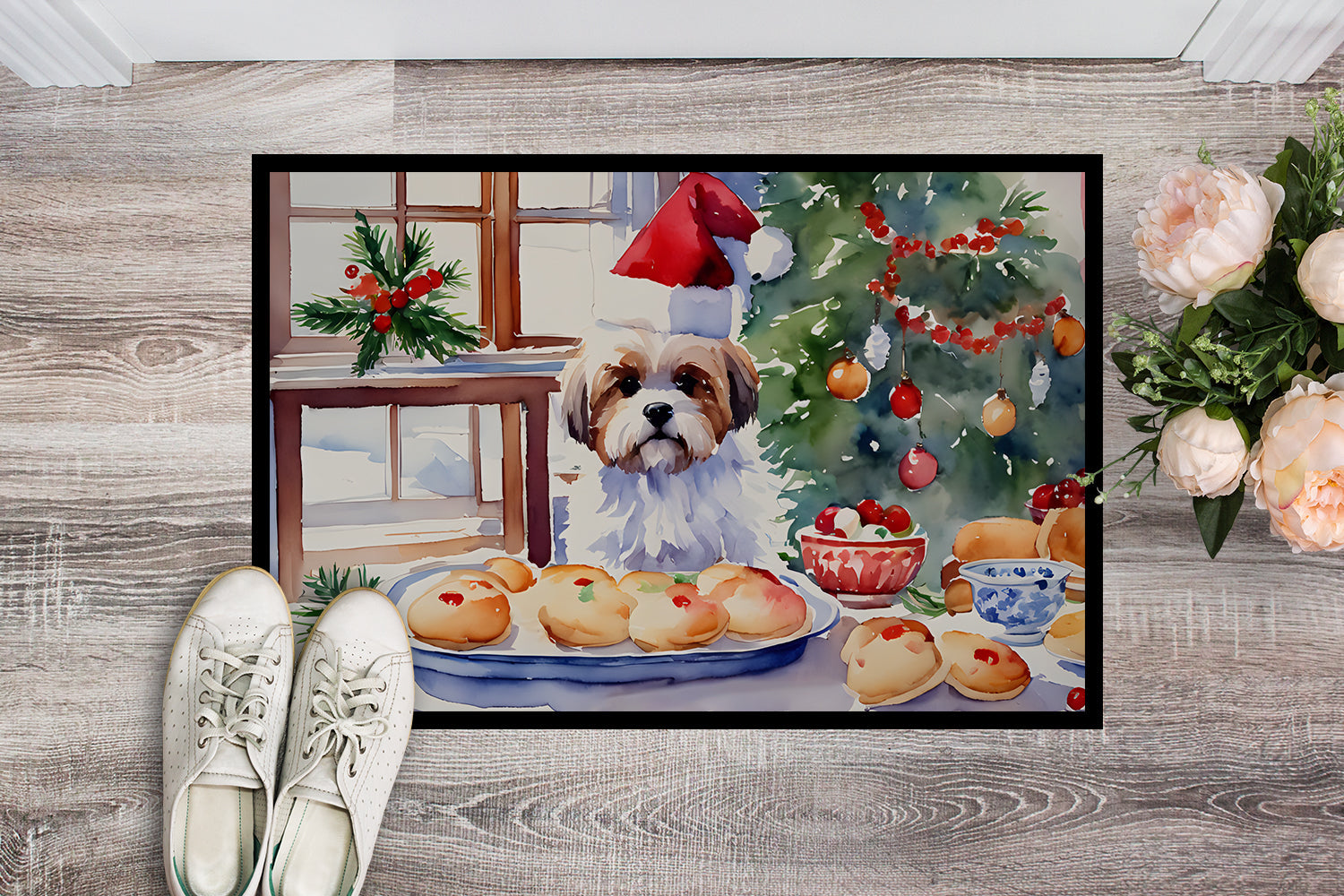 Lhasa Apso Christmas Cookies Doormat Indoor Outdoor 18H X 27W Front Door Mat Rugs for Entryway, Non Slip Washable