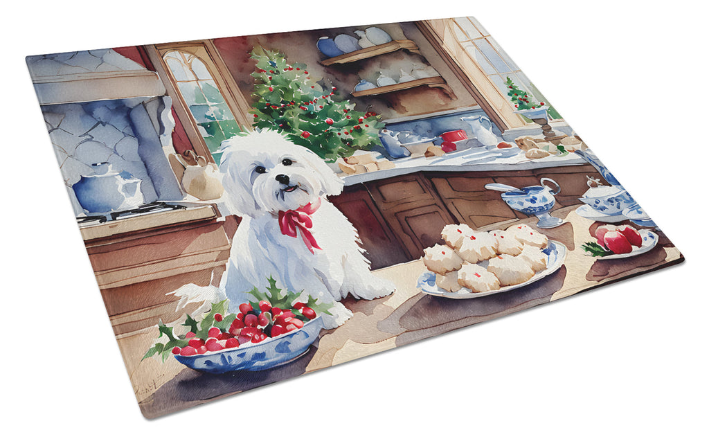 Maltese Christmas Cookies Cutting Board Tempered Glass Kitchen Cutting Surface, Heat Resistant Chopping, Non-Slip Feet, Food Prep & Serving