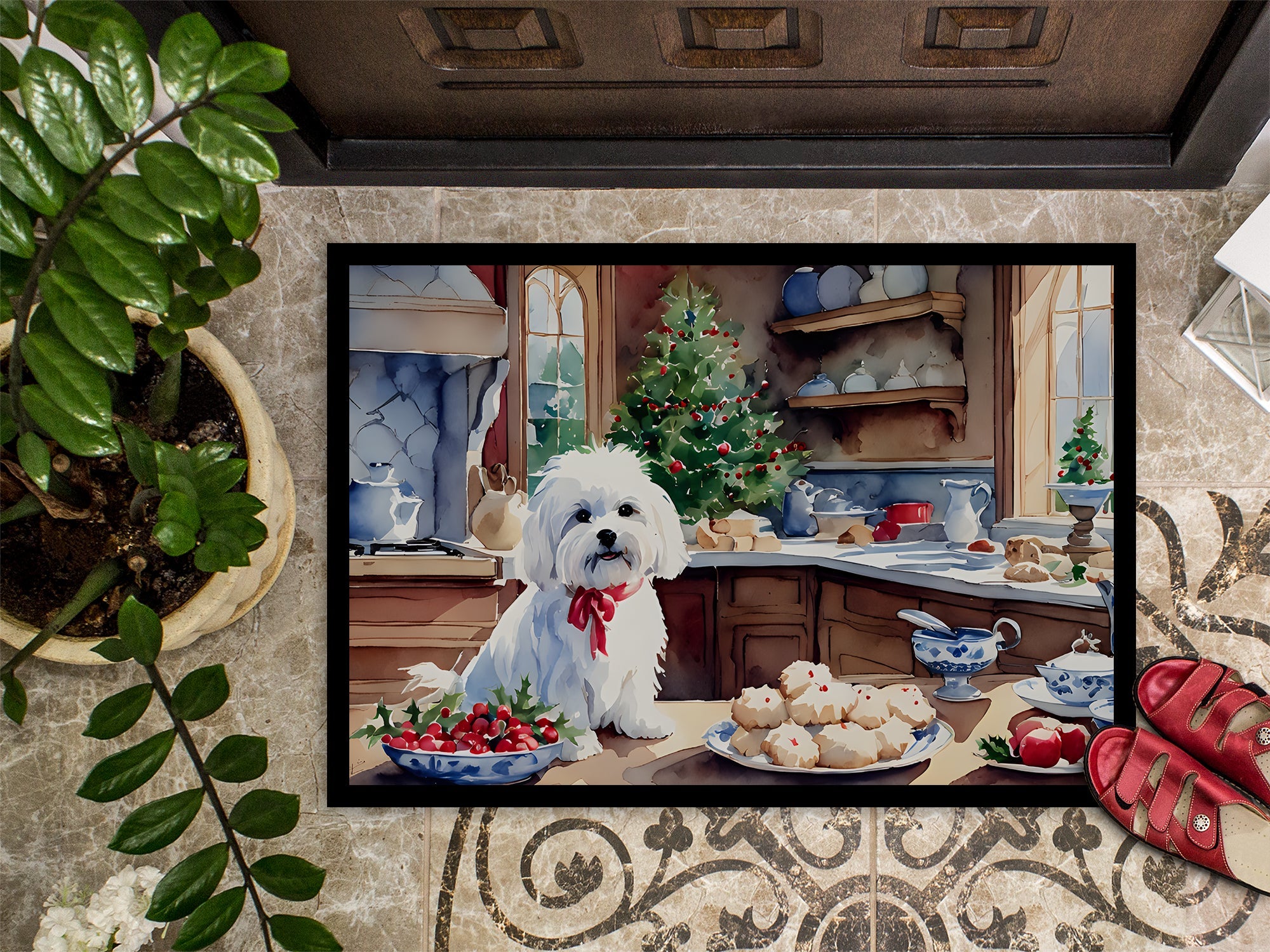 Maltese Christmas Cookies Doormat Indoor Outdoor 18H X 27W Front Door Mat Rugs for Entryway, Non Slip Washable