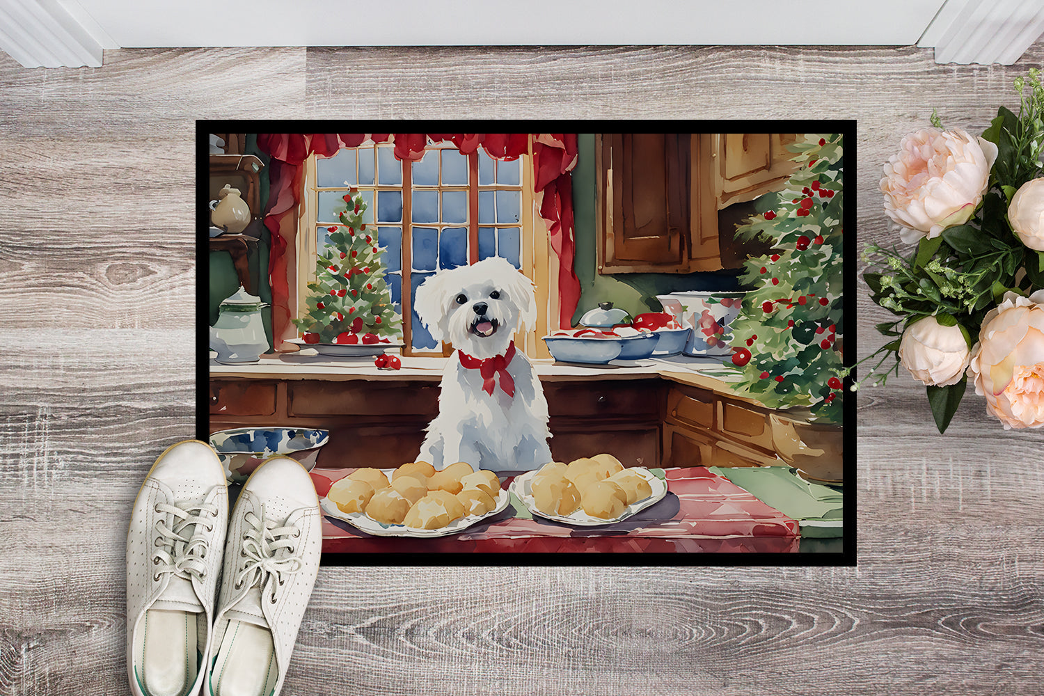 Maltese Christmas Cookies Doormat Indoor Outdoor 18H X 27W Front Door Mat Rugs for Entryway, Non Slip Washable