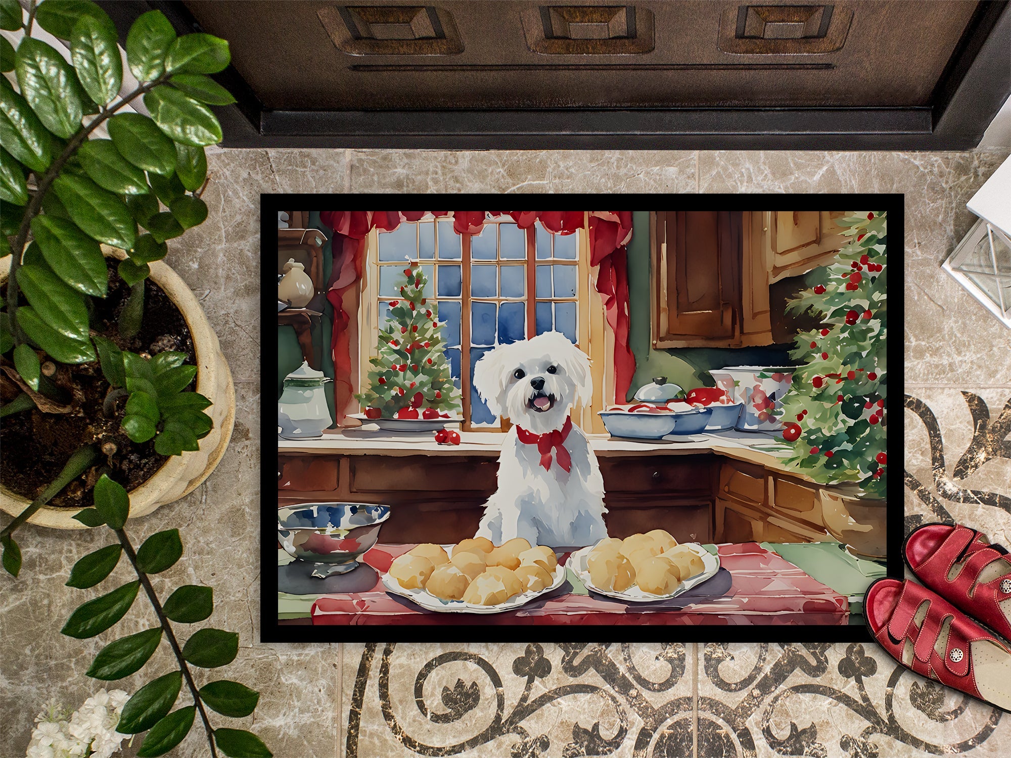 Maltese Christmas Cookies Doormat Indoor Outdoor 18H X 27W Front Door Mat Rugs for Entryway, Non Slip Washable