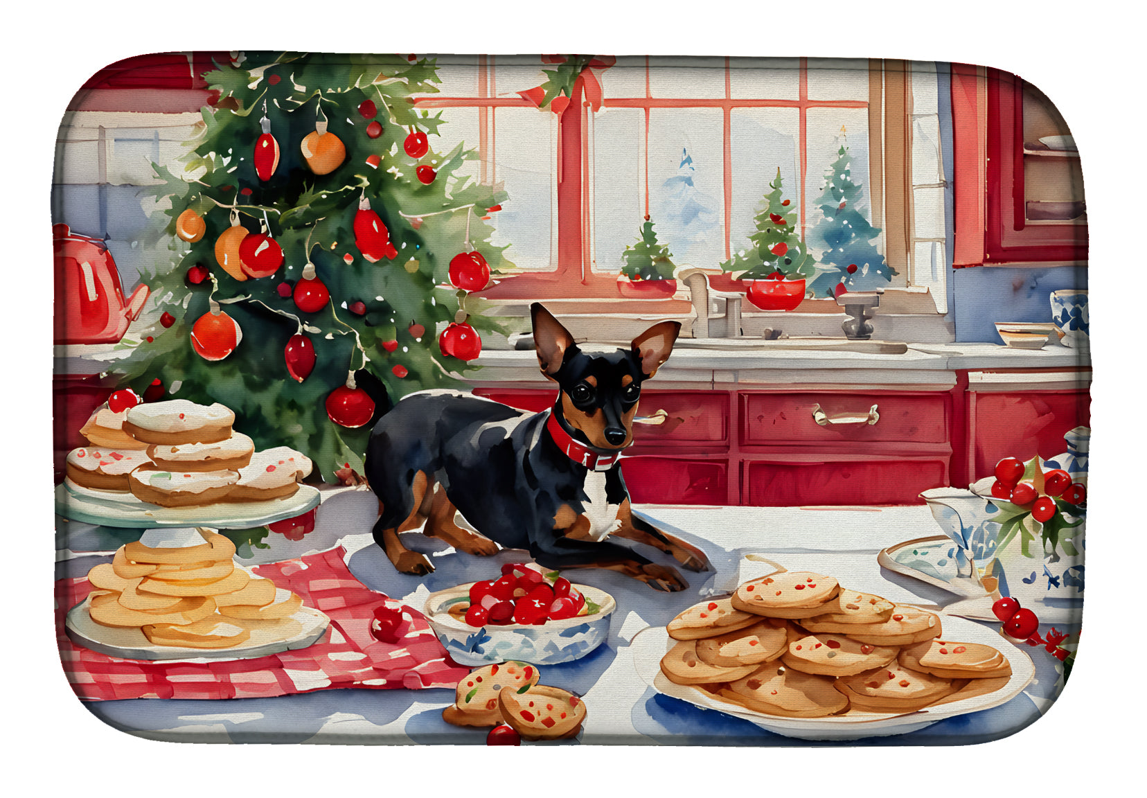 Miniature Pinscher Christmas Cookies Dish Drying Mat Absorbent Dish Drying Mat Pad for Kitchen Counter Dish Drainer Mat for Countertop, 14 x 21", Multicolor