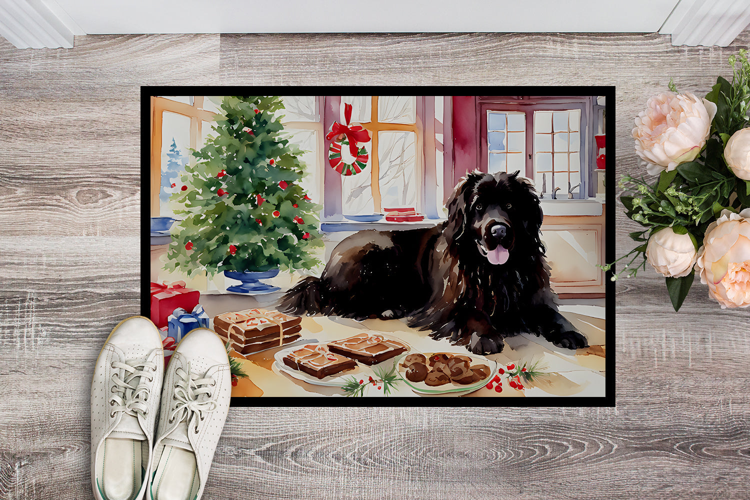 Newfoundland Christmas Cookies Doormat Indoor Outdoor 18H X 27W Front Door Mat Rugs for Entryway, Non Slip Washable