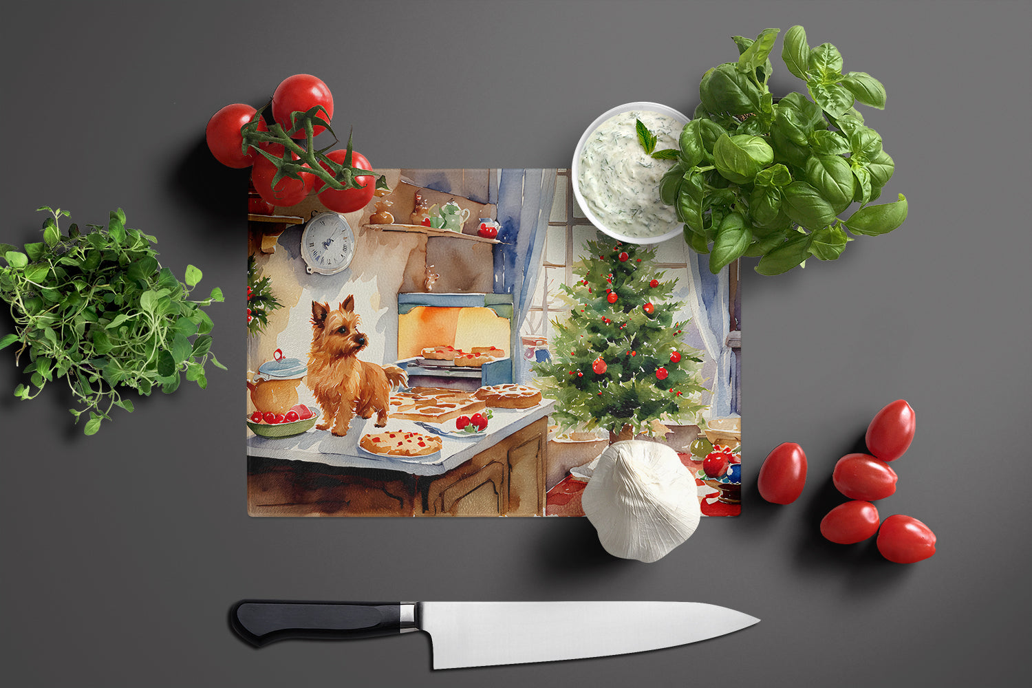 Norwich Terrier Christmas Cookies Cutting Board Tempered Glass Kitchen Cutting Surface, Heat Resistant Chopping, Non-Slip Feet, Food Prep & Serving