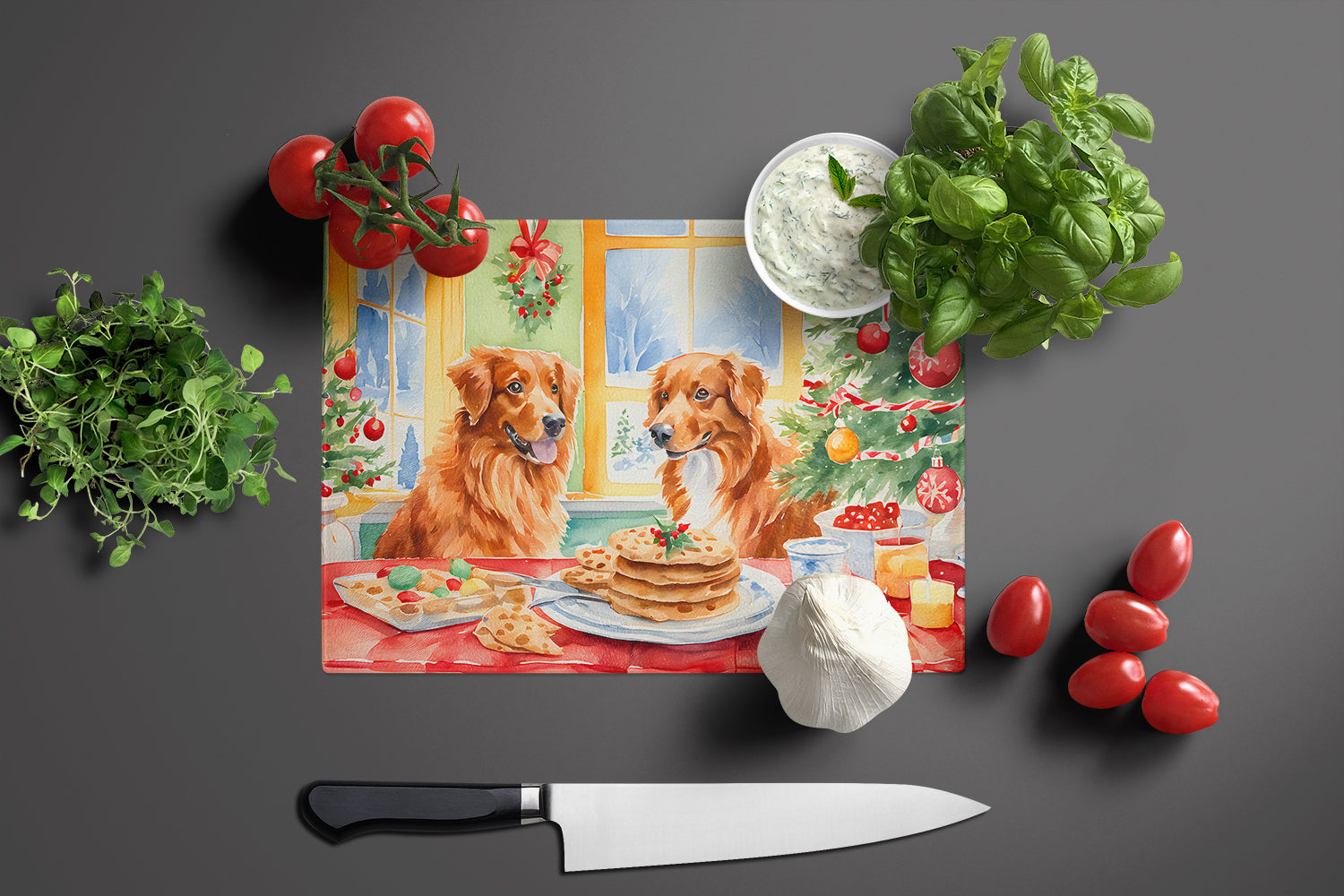 Nova Scotia Duck Toller Christmas Cookies Cutting Board Tempered Glass Kitchen Cutting Surface, Heat Resistant Chopping, Non-Slip Feet, Food Prep & Serving