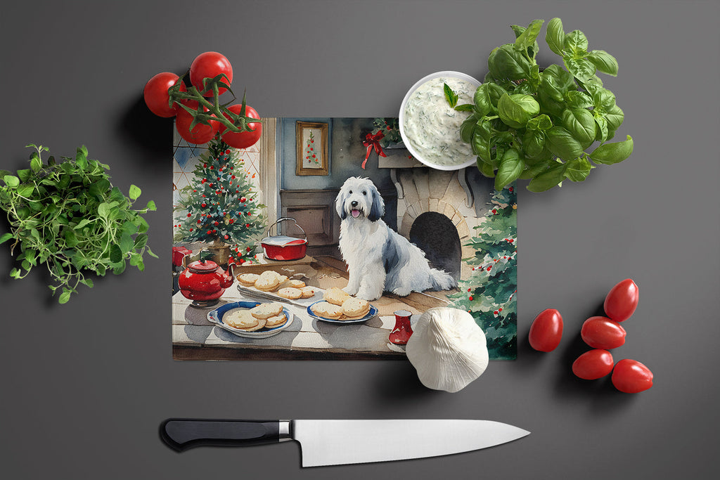 Old English Sheepdog Christmas Cookies Cutting Board Tempered Glass Kitchen Cutting Surface, Heat Resistant Chopping, Non-Slip Feet, Food Prep & Serving