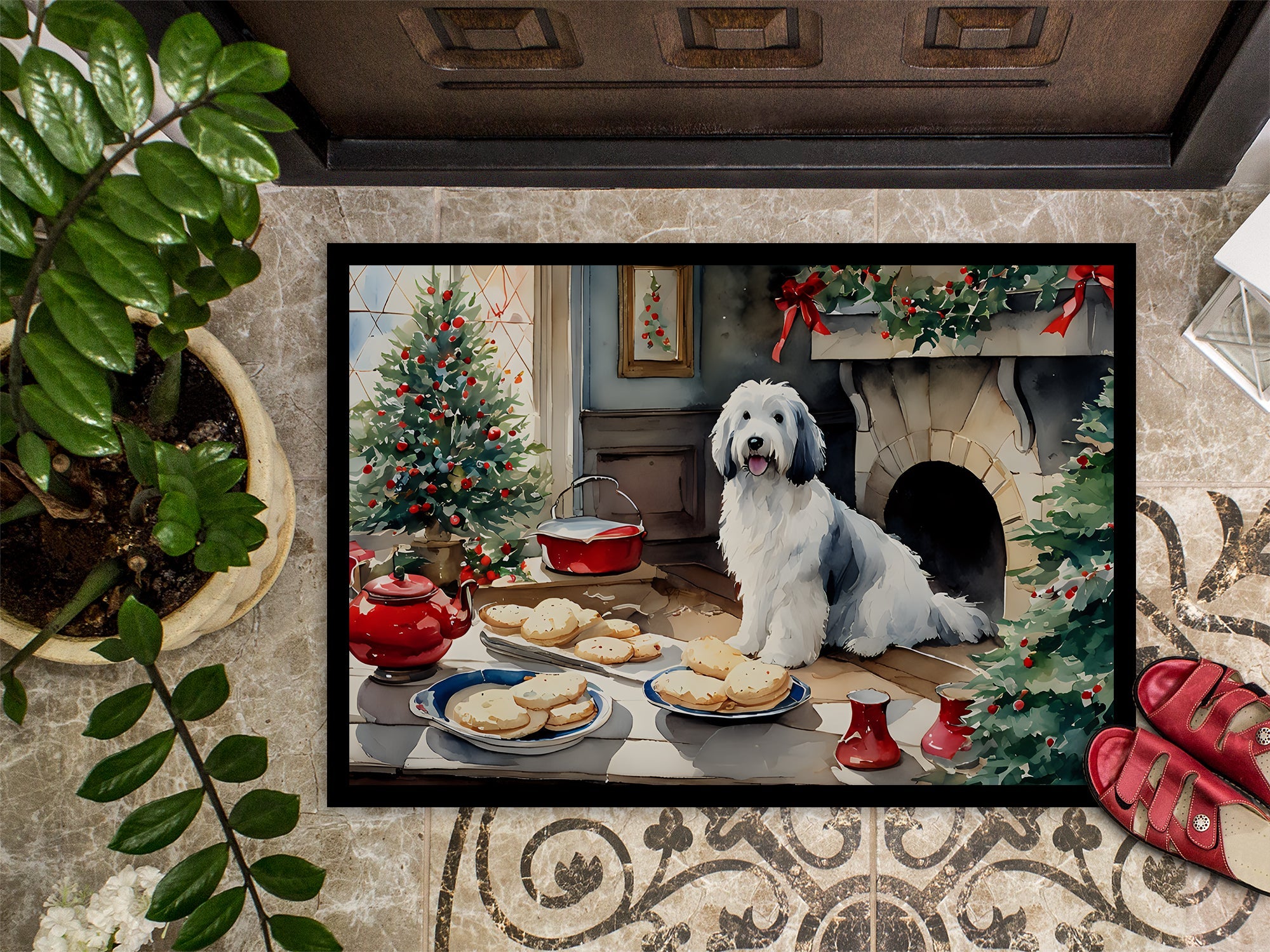 Old English Sheepdog Christmas Cookies Doormat Indoor Outdoor 18H X 27W Front Door Mat Rugs for Entryway, Non Slip Washable