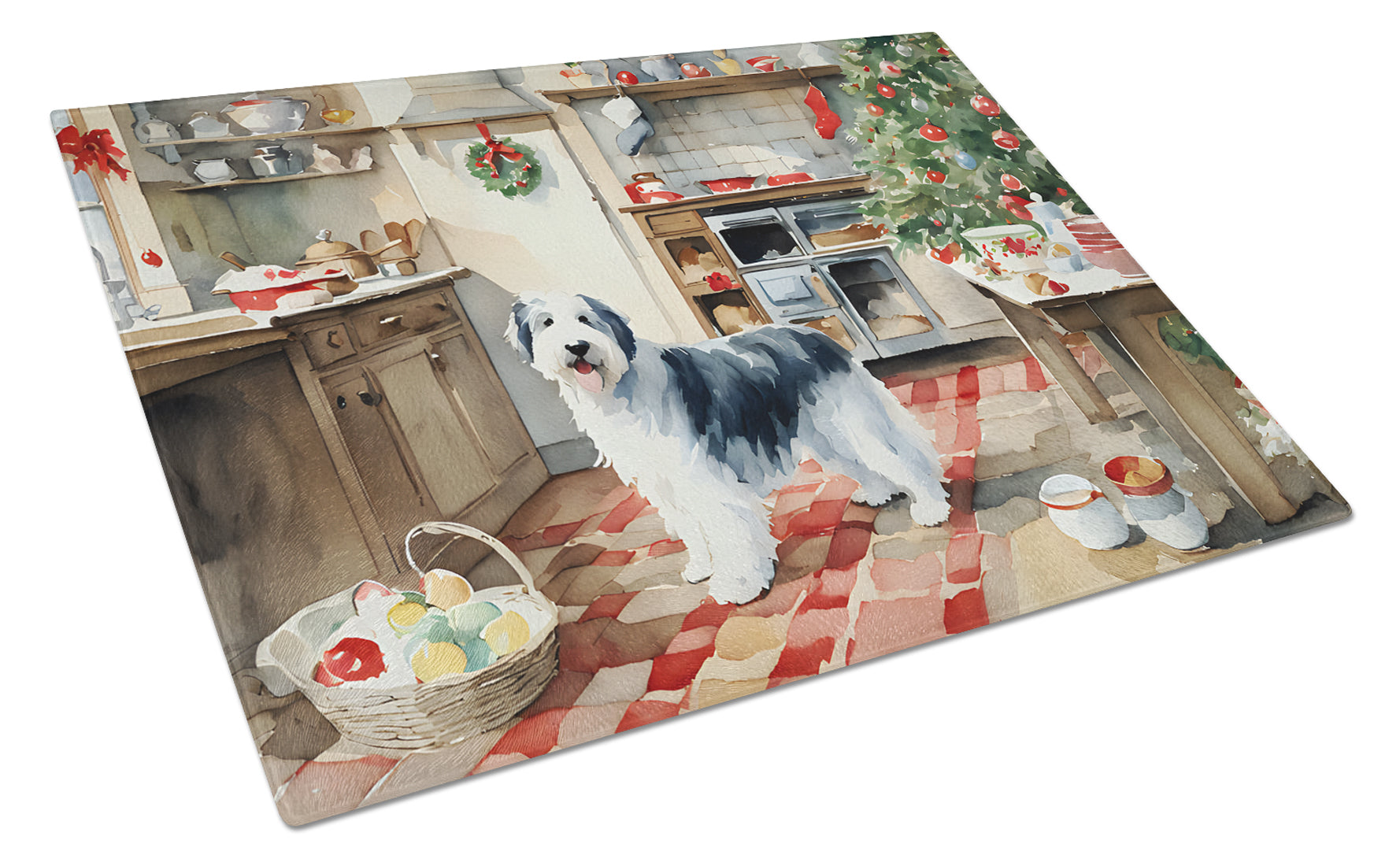 Old English Sheepdog Christmas Cookies Cutting Board Tempered Glass Kitchen Cutting Surface, Heat Resistant Chopping, Non-Slip Feet, Food Prep & Serving