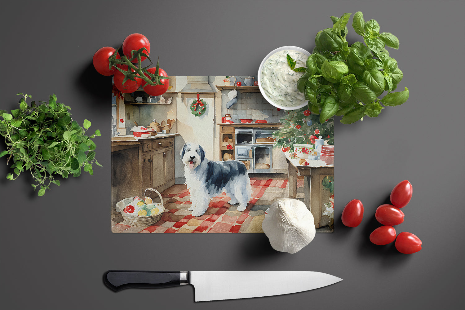 Old English Sheepdog Christmas Cookies Cutting Board Tempered Glass Kitchen Cutting Surface, Heat Resistant Chopping, Non-Slip Feet, Food Prep & Serving