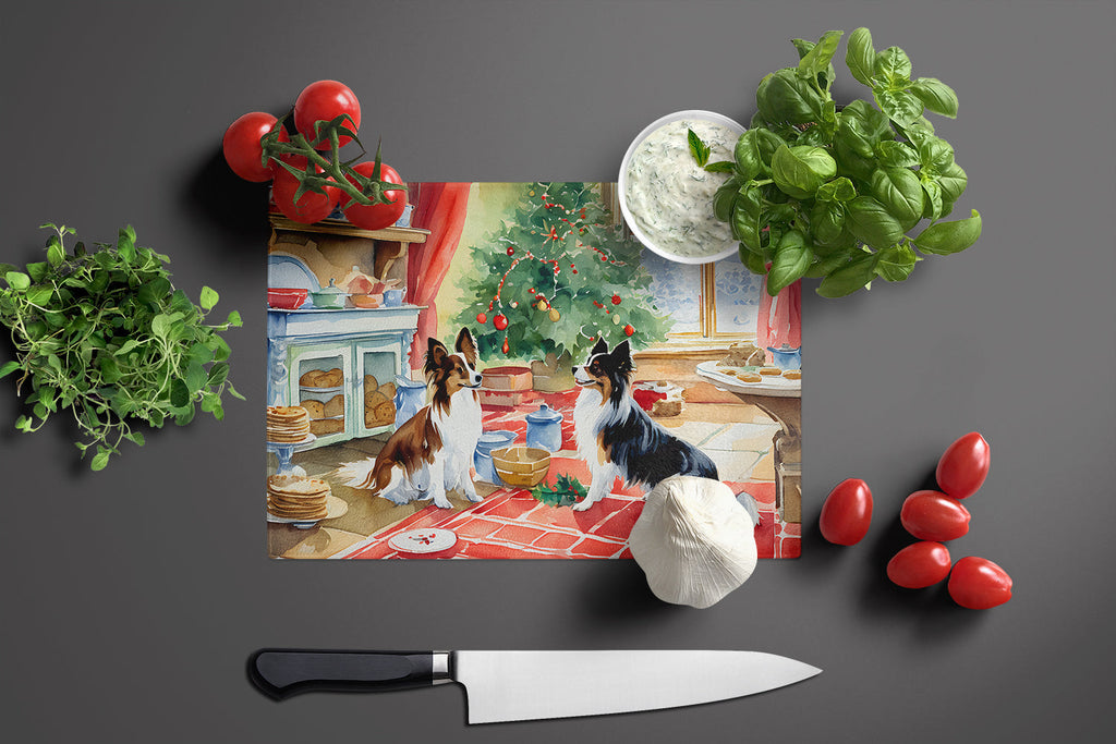 Papillon Christmas Cookies Cutting Board Tempered Glass Kitchen Cutting Surface, Heat Resistant Chopping, Non-Slip Feet, Food Prep & Serving
