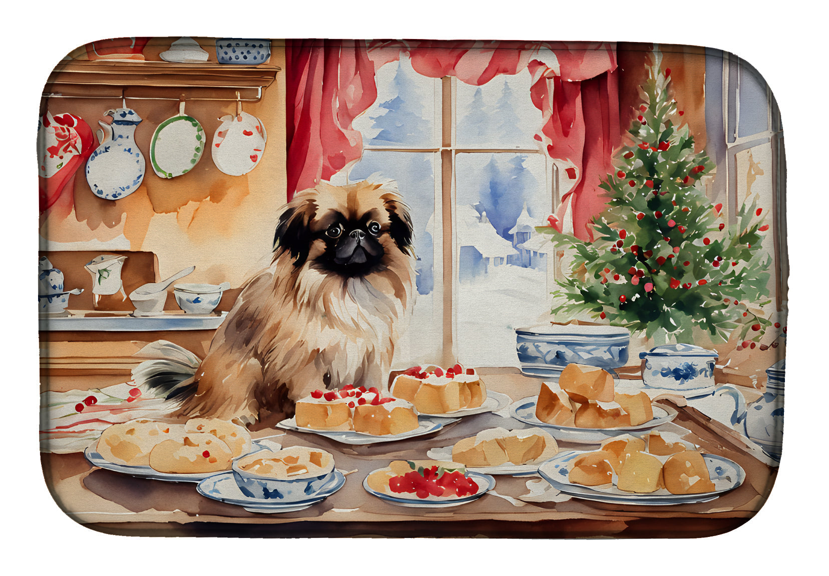 Pekingese Christmas Cookies Dish Drying Mat Absorbent Dish Drying Mat Pad for Kitchen Counter Dish Drainer Mat for Countertop, 14 x 21", Multicolor