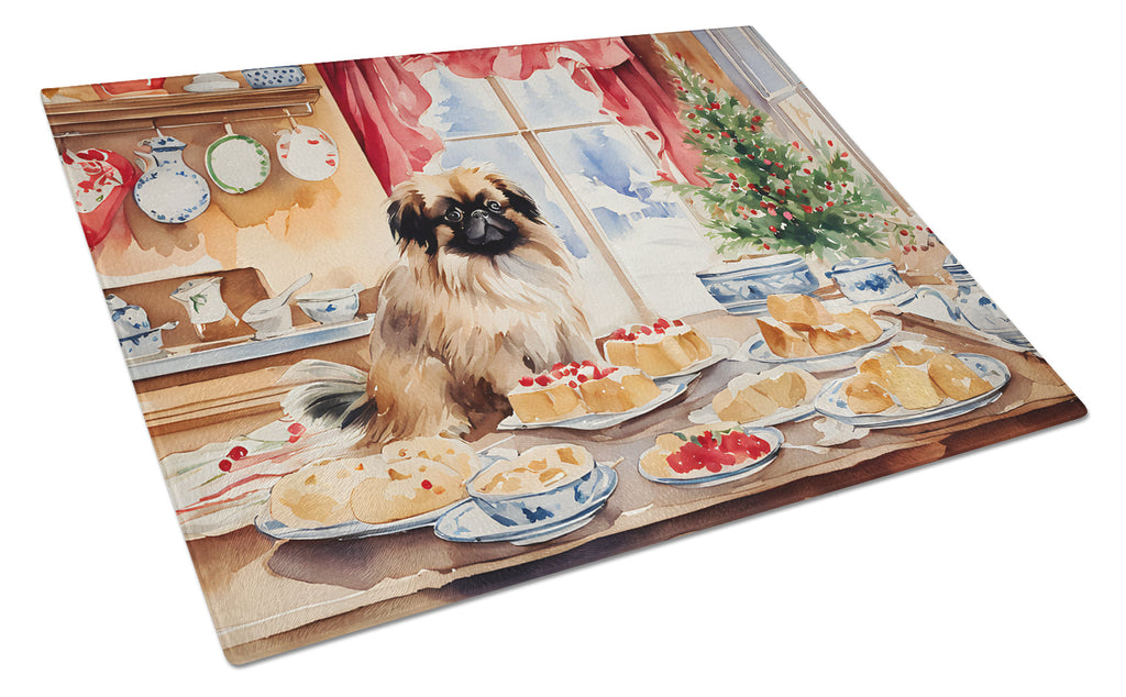 Pekingese Christmas Cookies Cutting Board Tempered Glass Kitchen Cutting Surface, Heat Resistant Chopping, Non-Slip Feet, Food Prep & Serving