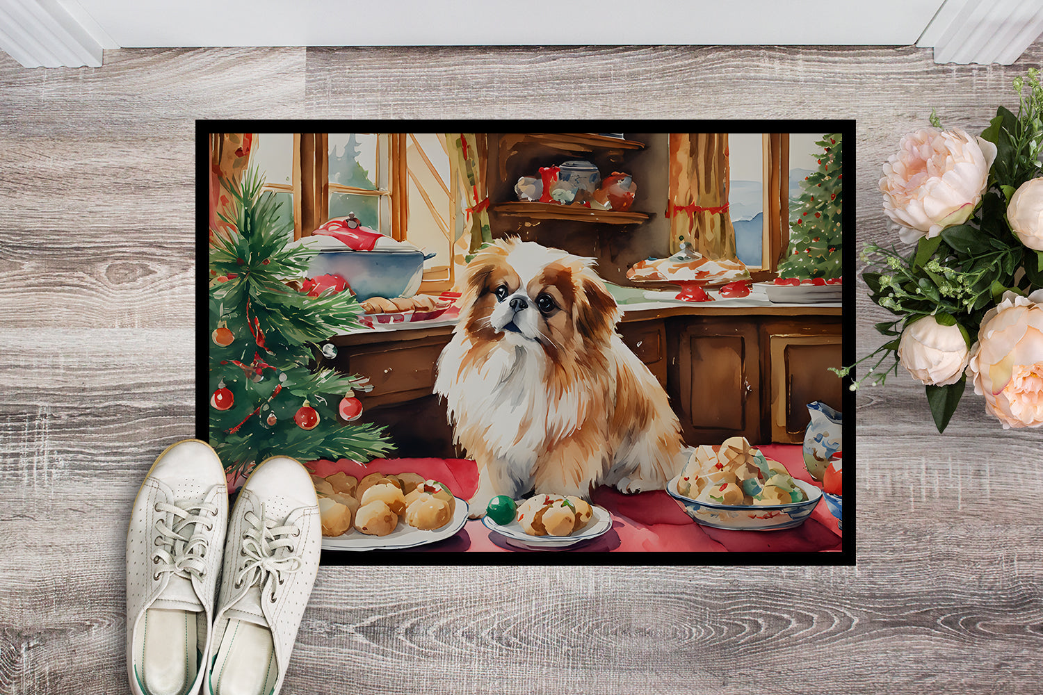 Pekingese Christmas Cookies Doormat Indoor Outdoor 24H X 36W Front Door Mat Rugs for Entryway, Non Slip Washable Low Pile,