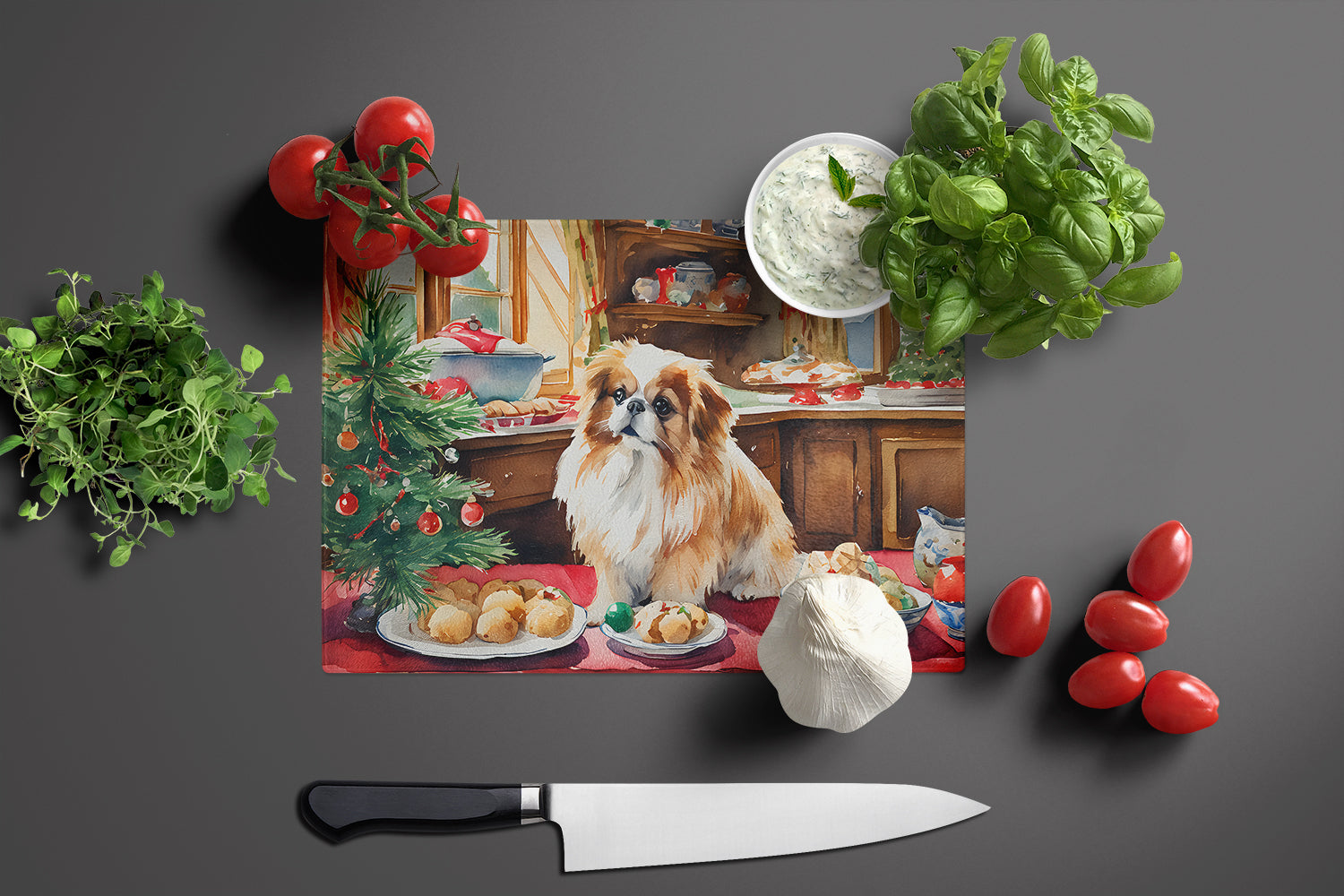 Pekingese Christmas Cookies Cutting Board Tempered Glass Kitchen Cutting Surface, Heat Resistant Chopping, Non-Slip Feet, Food Prep & Serving