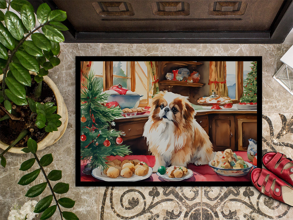 Pekingese Christmas Cookies Doormat Indoor Outdoor 18H X 27W Front Door Mat Rugs for Entryway, Non Slip Washable