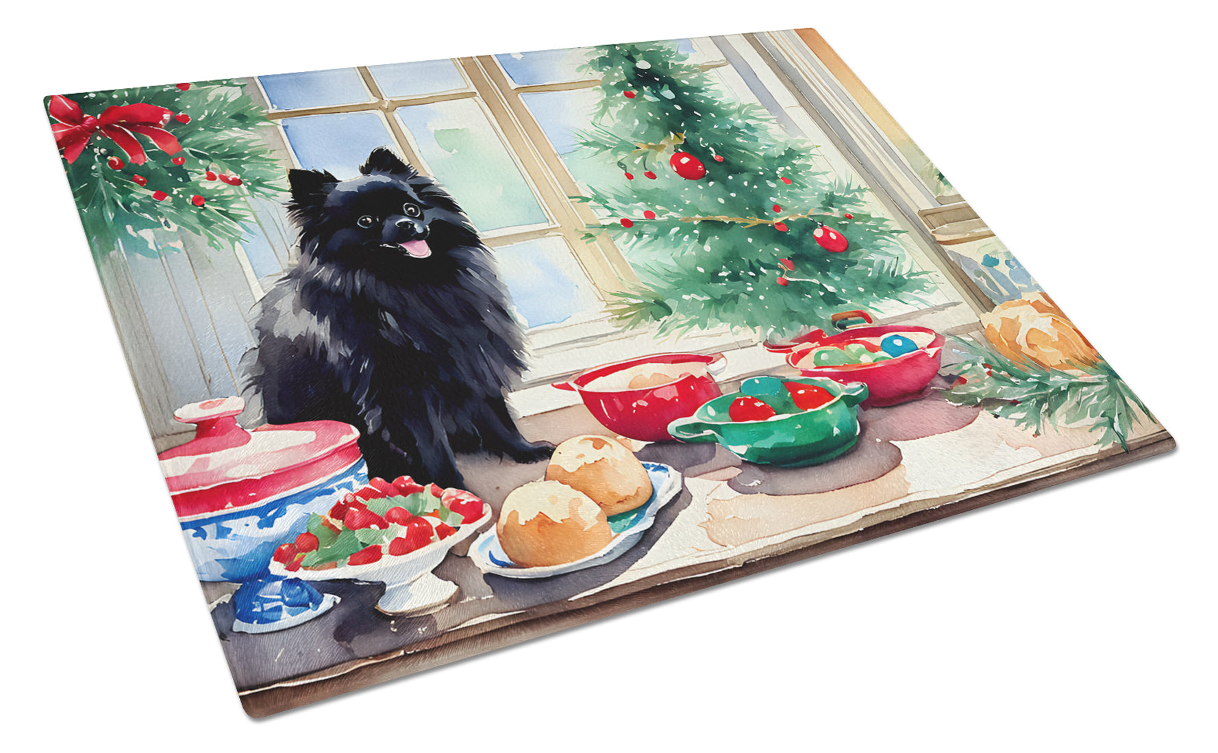 Pomeranian Christmas Cookies Cutting Board Tempered Glass Kitchen Cutting Surface, Heat Resistant Chopping, Non-Slip Feet, Food Prep & Serving