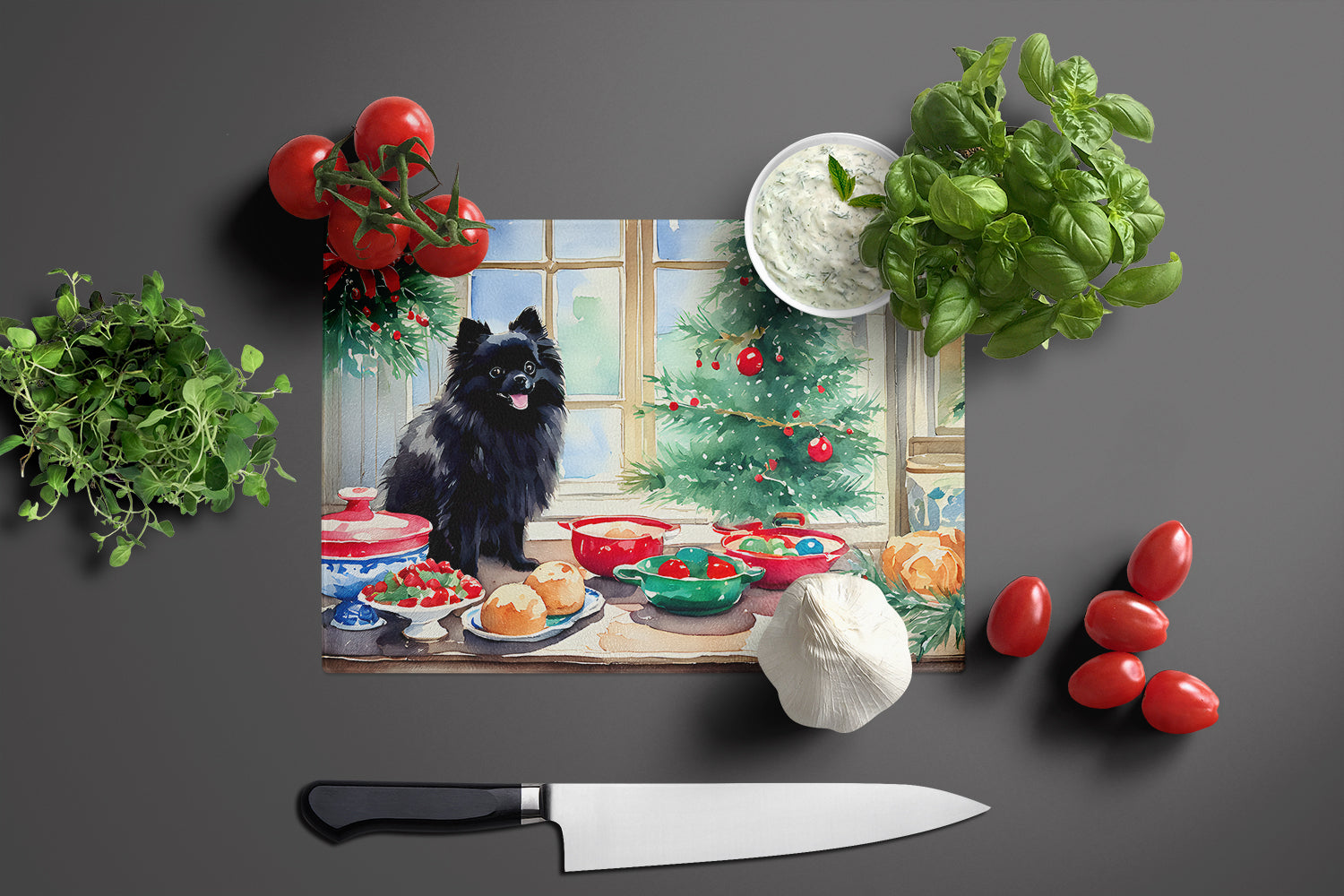 Pomeranian Christmas Cookies Cutting Board Tempered Glass Kitchen Cutting Surface, Heat Resistant Chopping, Non-Slip Feet, Food Prep & Serving
