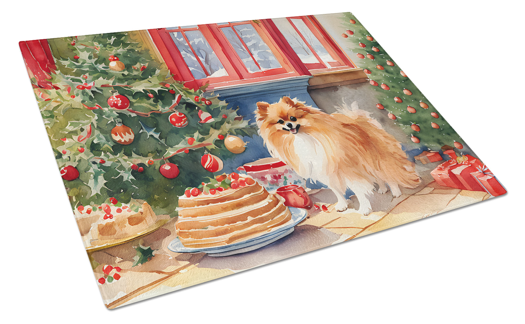 Pomeranian Christmas Cookies Cutting Board Tempered Glass Kitchen Cutting Surface, Heat Resistant Chopping, Non-Slip Feet, Food Prep & Serving
