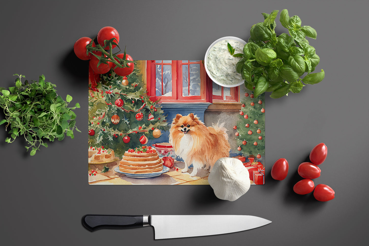 Pomeranian Christmas Cookies Cutting Board Tempered Glass Kitchen Cutting Surface, Heat Resistant Chopping, Non-Slip Feet, Food Prep & Serving