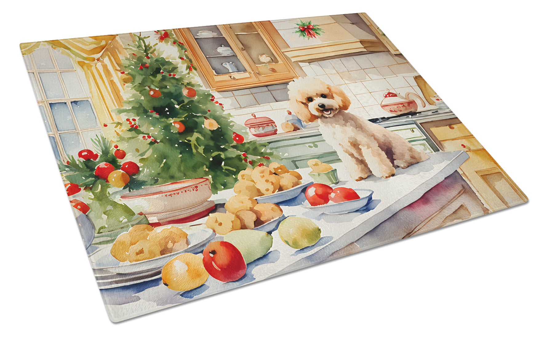 Poodle Christmas Cookies Cutting Board Tempered Glass Kitchen Cutting Surface, Heat Resistant Chopping, Non-Slip Feet, Food Prep & Serving