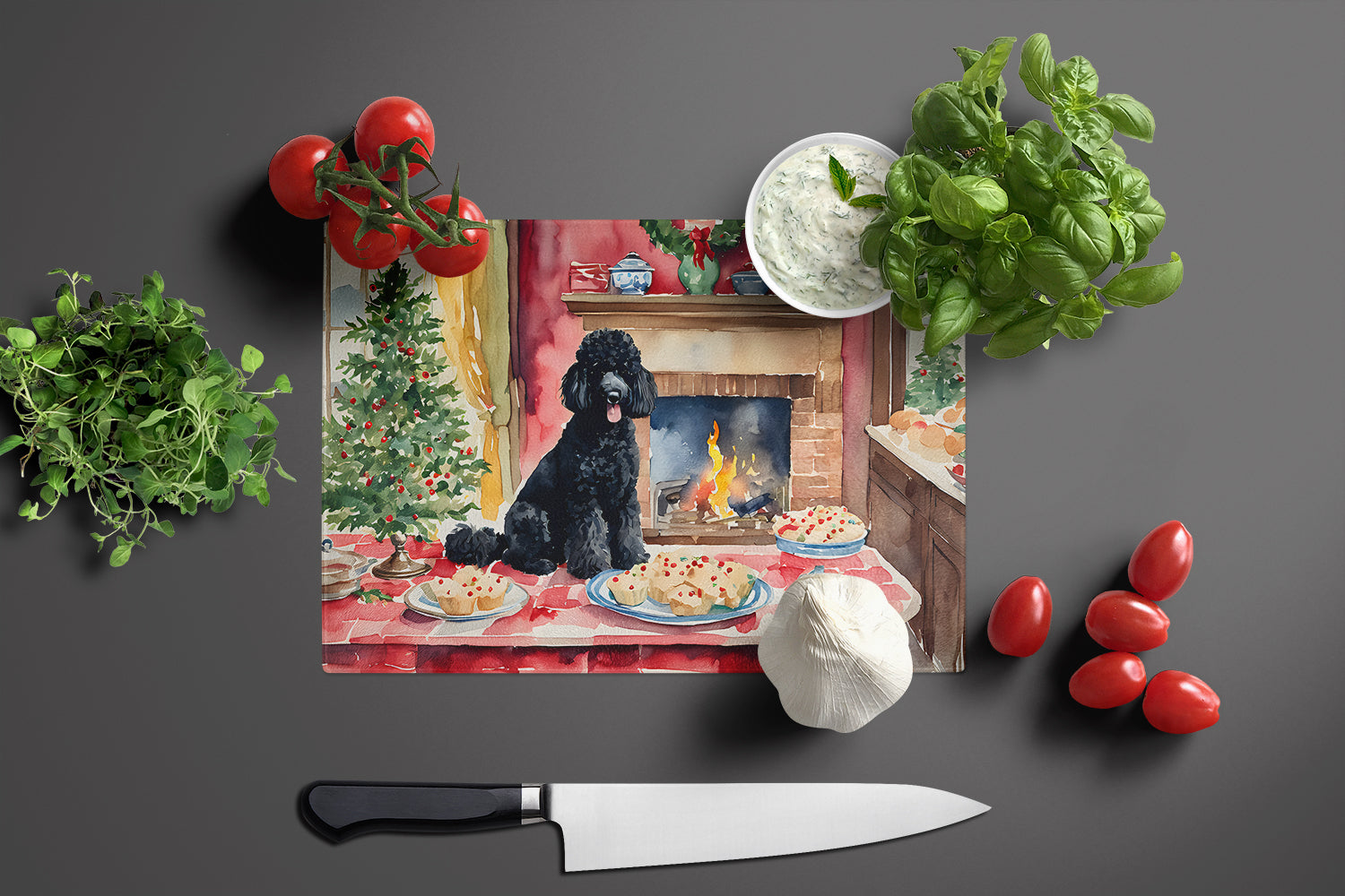 Poodle Christmas Cookies Cutting Board Tempered Glass Kitchen Cutting Surface, Heat Resistant Chopping, Non-Slip Feet, Food Prep & Serving