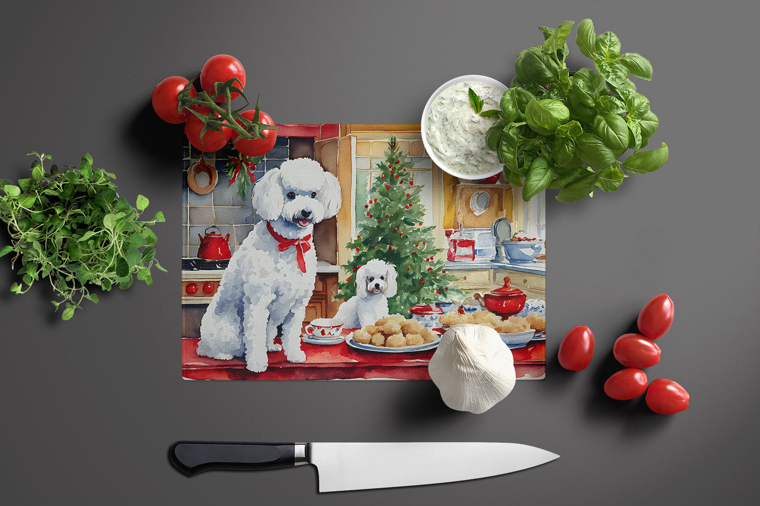 Poodle Christmas Cookies Cutting Board Tempered Glass Kitchen Cutting Surface, Heat Resistant Chopping, Non-Slip Feet, Food Prep & Serving