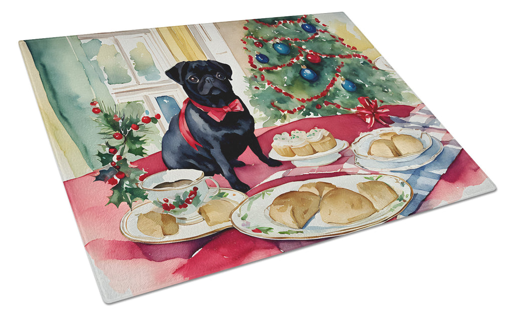 Pug Christmas Cookies Cutting Board Tempered Glass Kitchen Cutting Surface, Heat Resistant Chopping, Non-Slip Feet, Food Prep & Serving