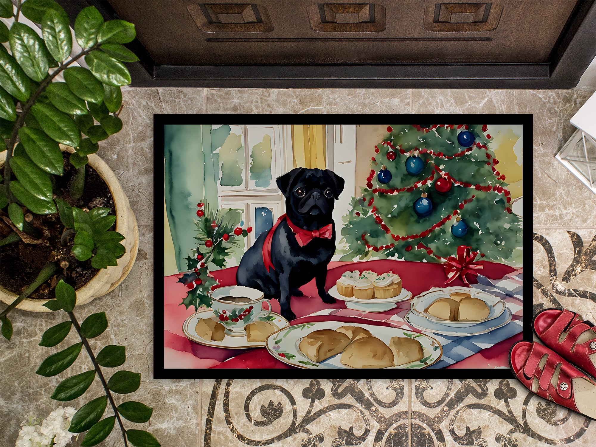 Pug Christmas Cookies Doormat Indoor Outdoor 18H X 27W Front Door Mat Rugs for Entryway, Non Slip Washable