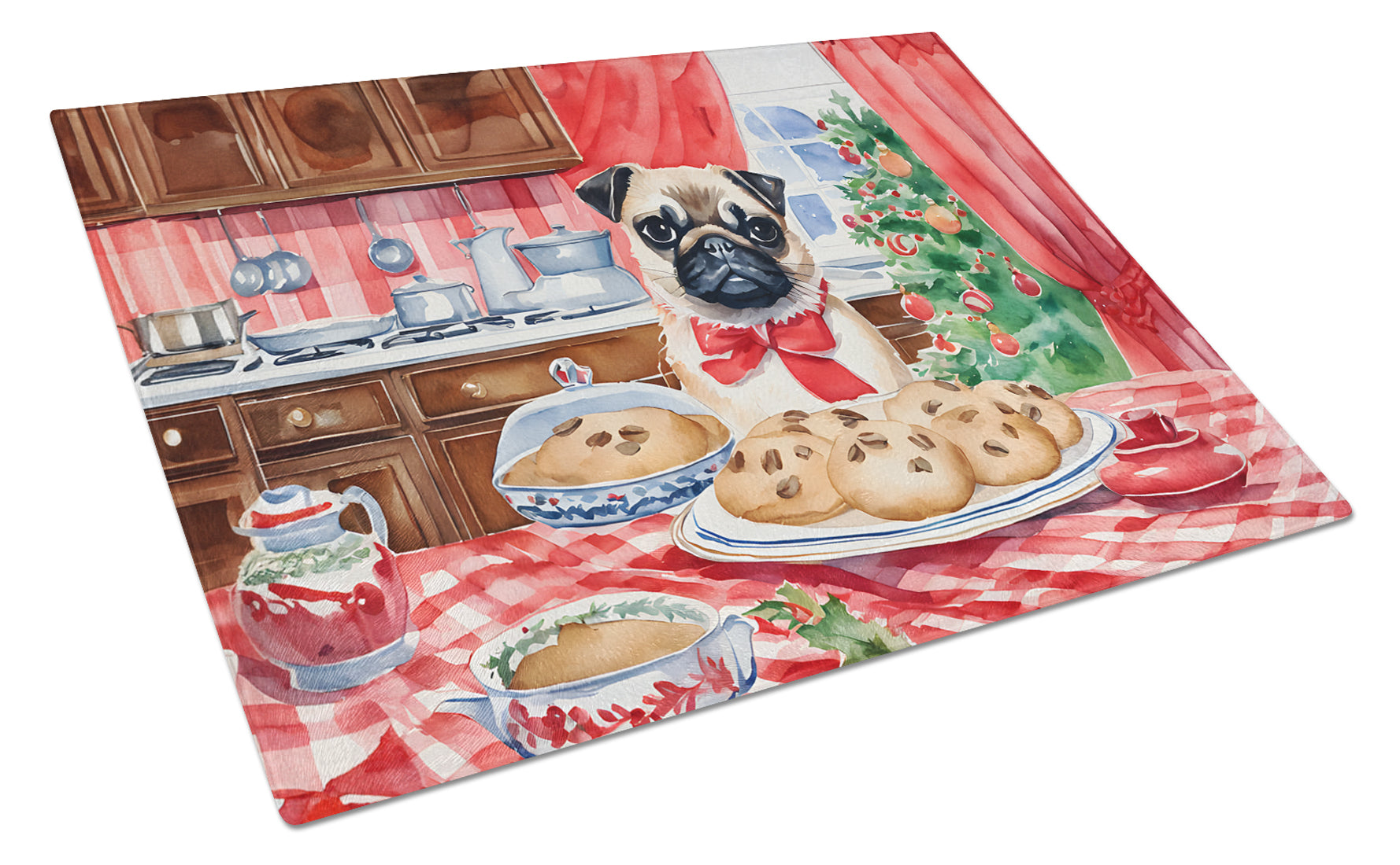 Pug Christmas Cookies Cutting Board Tempered Glass Kitchen Cutting Surface, Heat Resistant Chopping, Non-Slip Feet, Food Prep & Serving