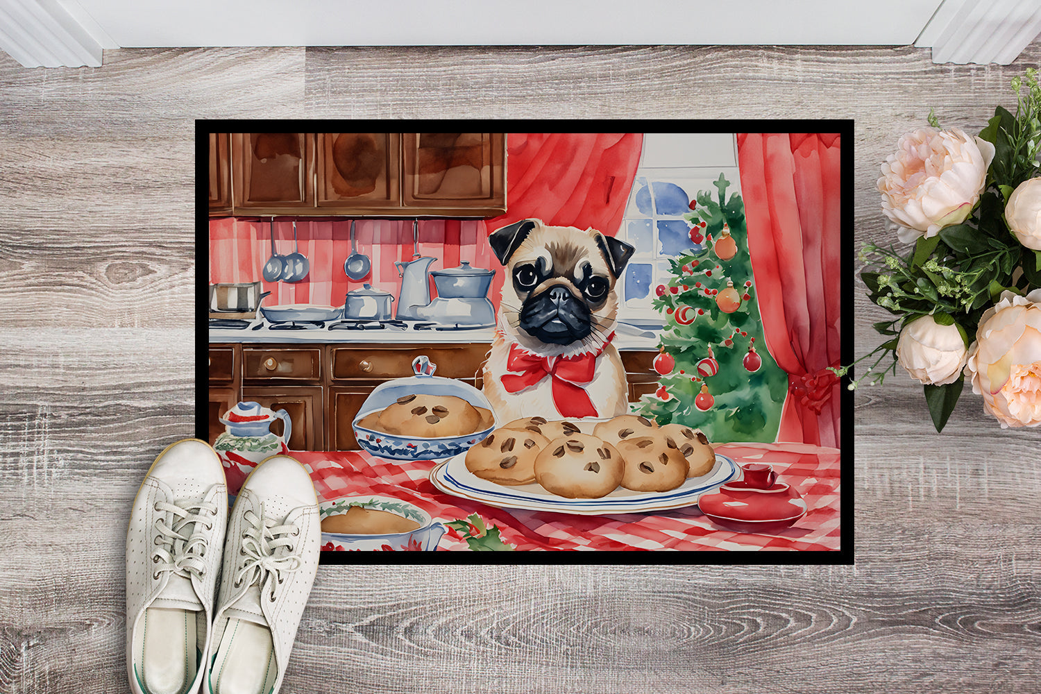 Pug Christmas Cookies Doormat Indoor Outdoor 18H X 27W Front Door Mat Rugs for Entryway, Non Slip Washable