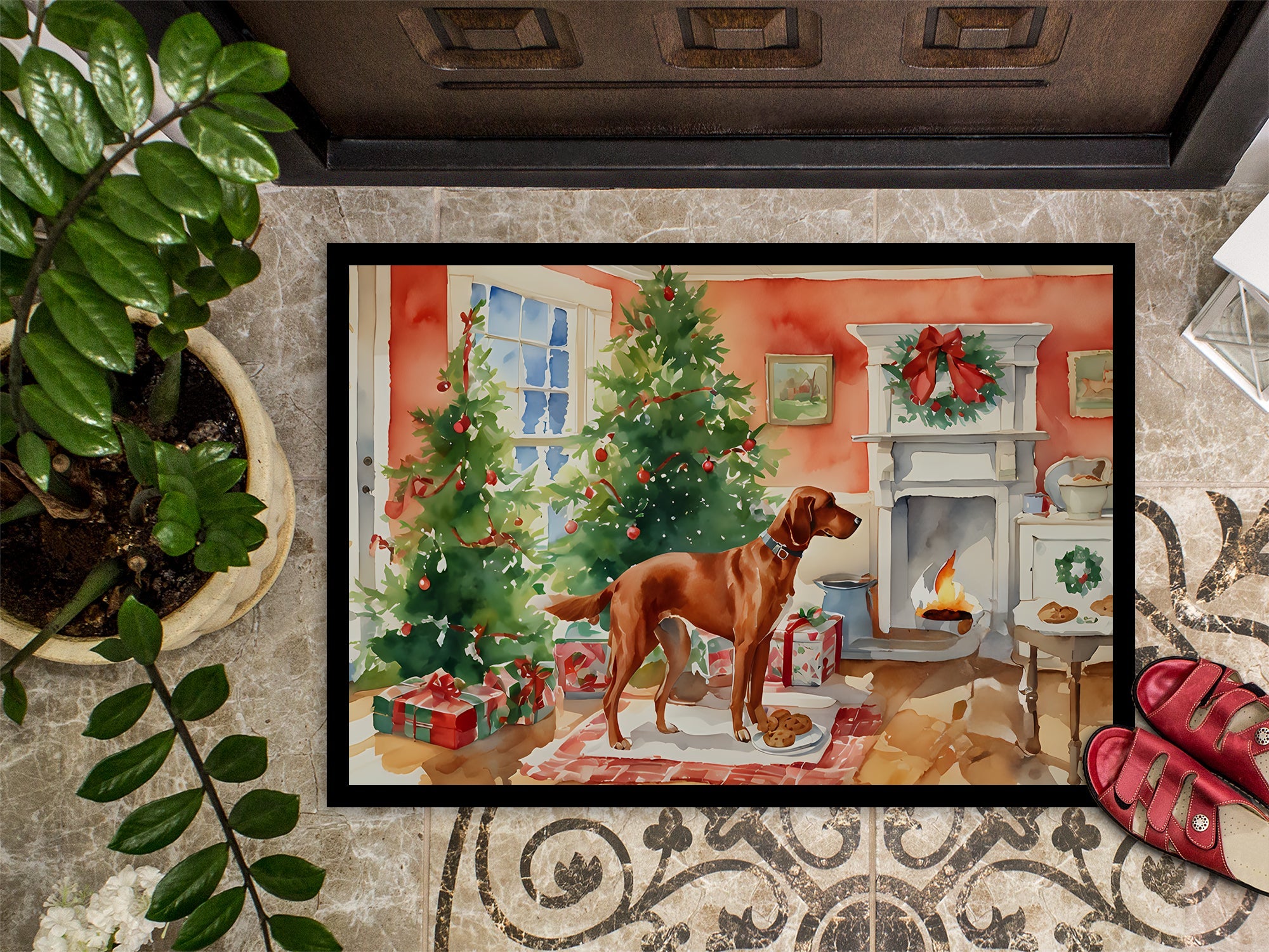 Redbone Coonhound Christmas Cookies Doormat Indoor Outdoor 18H X 27W Front Door Mat Rugs for Entryway, Non Slip Washable