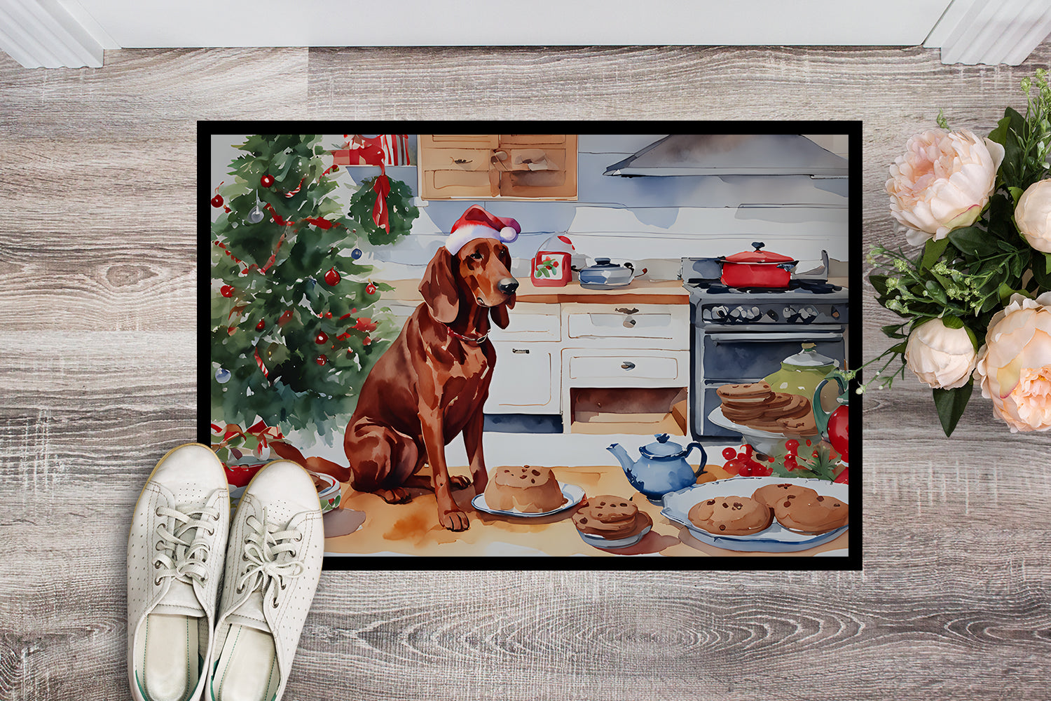 Redbone Coonhound Christmas Cookies Doormat Indoor Outdoor 18H X 27W Front Door Mat Rugs for Entryway, Non Slip Washable