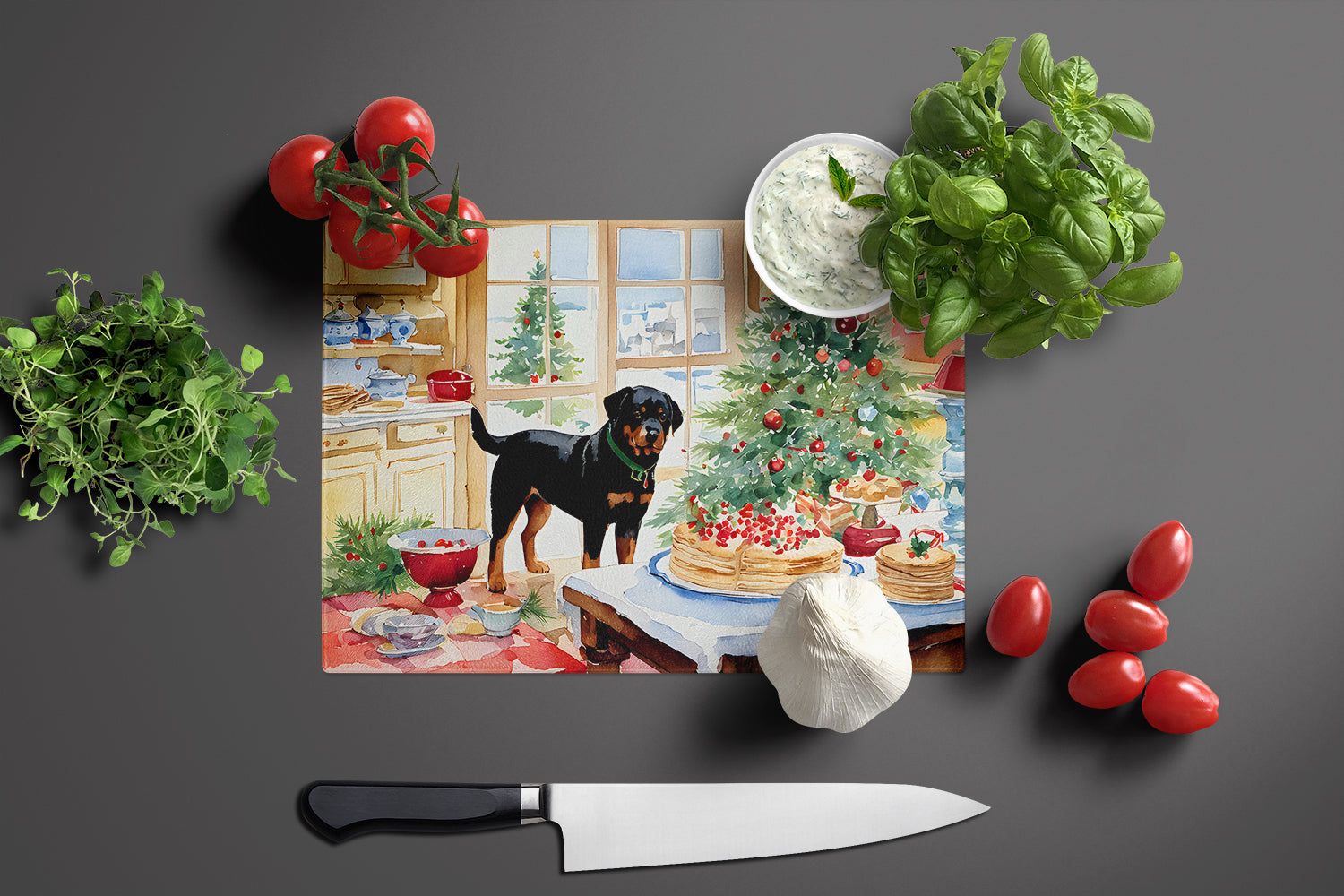 Rottweiler Christmas Cookies Cutting Board Tempered Glass Kitchen Cutting Surface, Heat Resistant Chopping, Non-Slip Feet, Food Prep & Serving