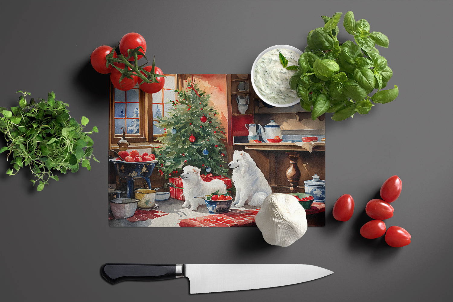 Samoyed Christmas Cookies Cutting Board Tempered Glass Kitchen Cutting Surface, Heat Resistant Chopping, Non-Slip Feet, Food Prep & Serving