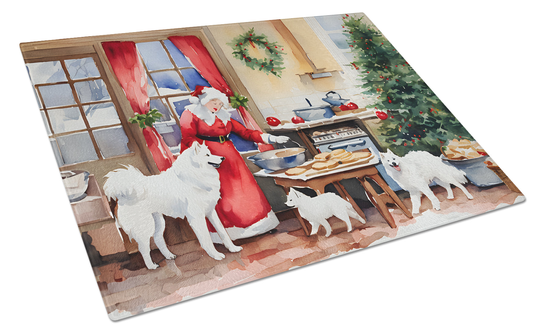 Samoyed Christmas Cookies Cutting Board Tempered Glass Kitchen Cutting Surface, Heat Resistant Chopping, Non-Slip Feet, Food Prep & Serving