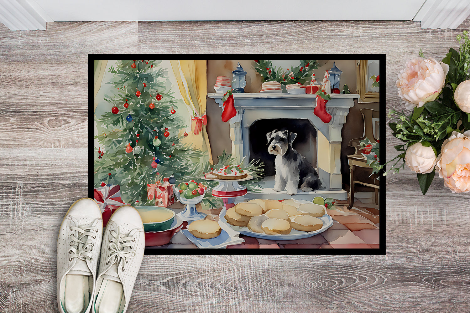 Schnauzer Christmas Cookies Doormat Indoor Outdoor 18H X 27W Front Door Mat Rugs for Entryway, Non Slip Washable