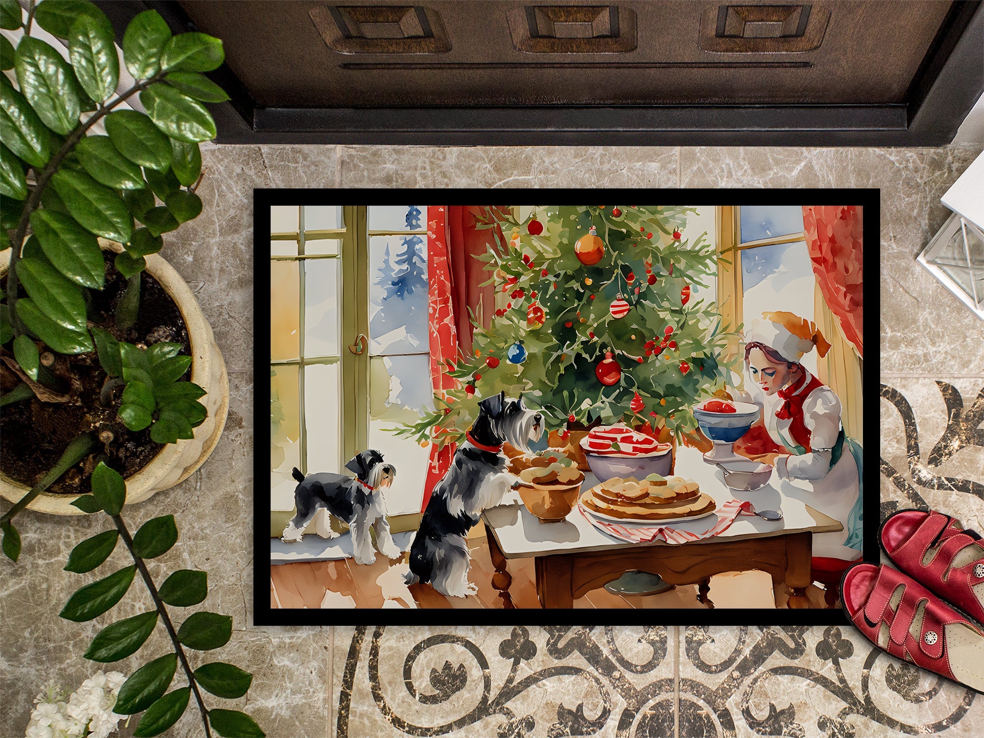 Schnauzer Christmas Cookies Doormat Indoor Outdoor 18H X 27W Front Door Mat Rugs for Entryway, Non Slip Washable