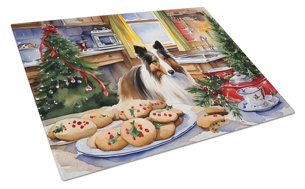 Sheltie Christmas Cookies Cutting Board Tempered Glass Kitchen Cutting Surface, Heat Resistant Chopping, Non-Slip Feet, Food Prep & Serving