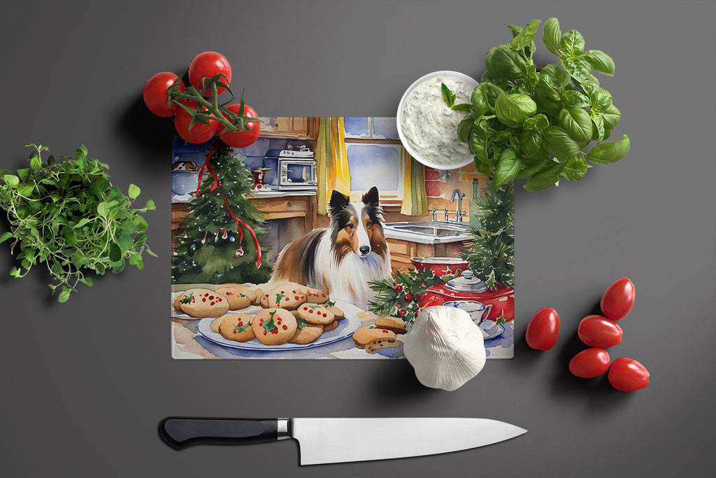 Sheltie Christmas Cookies Cutting Board Tempered Glass Kitchen Cutting Surface, Heat Resistant Chopping, Non-Slip Feet, Food Prep & Serving