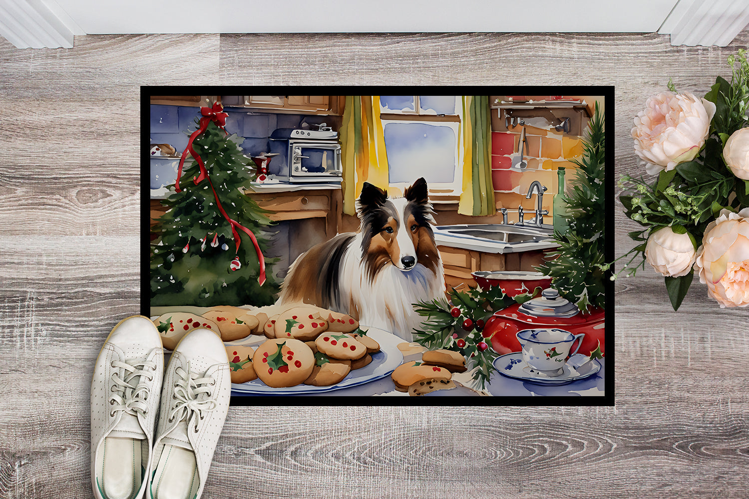 Sheltie Christmas Cookies Doormat Indoor Outdoor 18H X 27W Front Door Mat Rugs for Entryway, Non Slip Washable