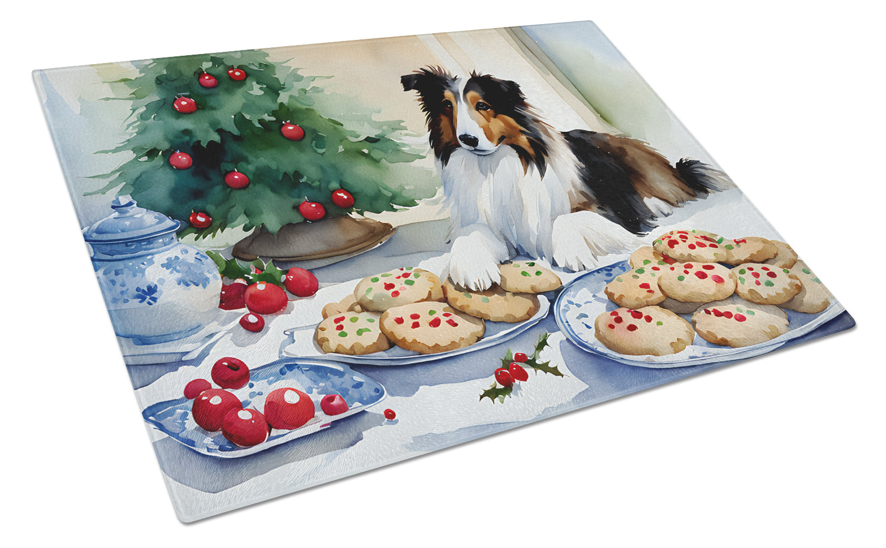 Sheltie Christmas Cookies Cutting Board Tempered Glass Kitchen Cutting Surface, Heat Resistant Chopping, Non-Slip Feet, Food Prep & Serving