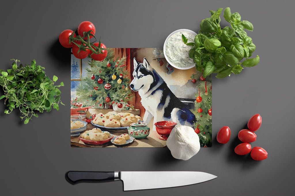Siberian Husky Christmas Cookies Cutting Board Tempered Glass Kitchen Cutting Surface, Heat Resistant Chopping, Non-Slip Feet, Food Prep & Serving