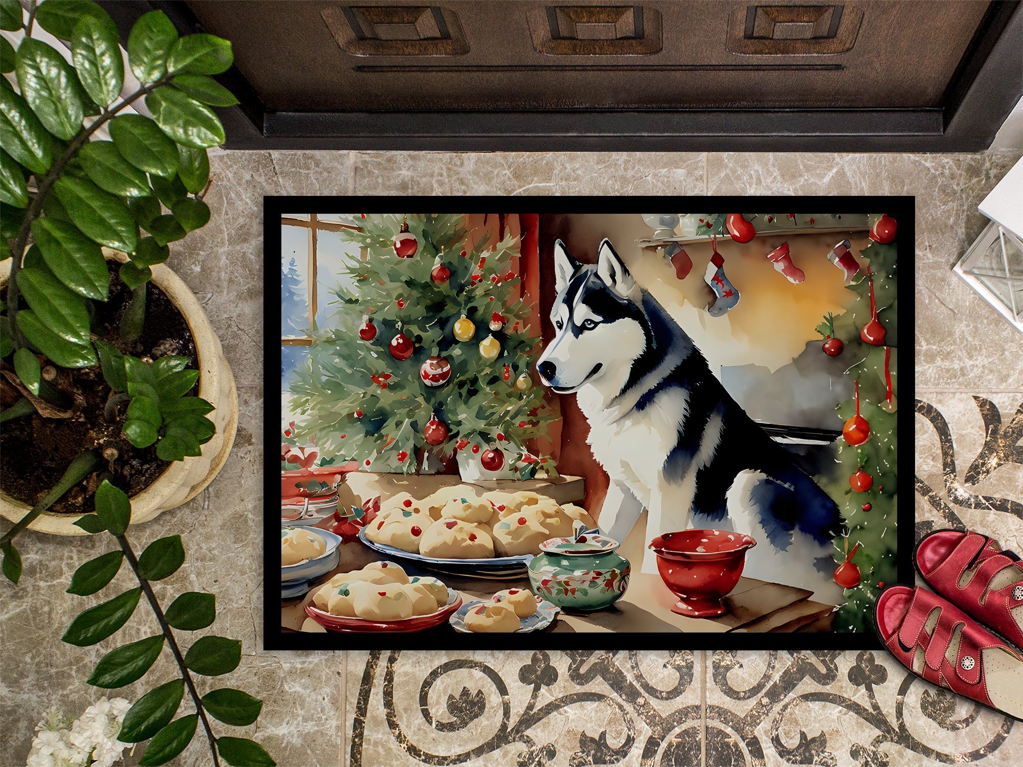 Siberian Husky Christmas Cookies Doormat Indoor Outdoor 18H X 27W Front Door Mat Rugs for Entryway, Non Slip Washable