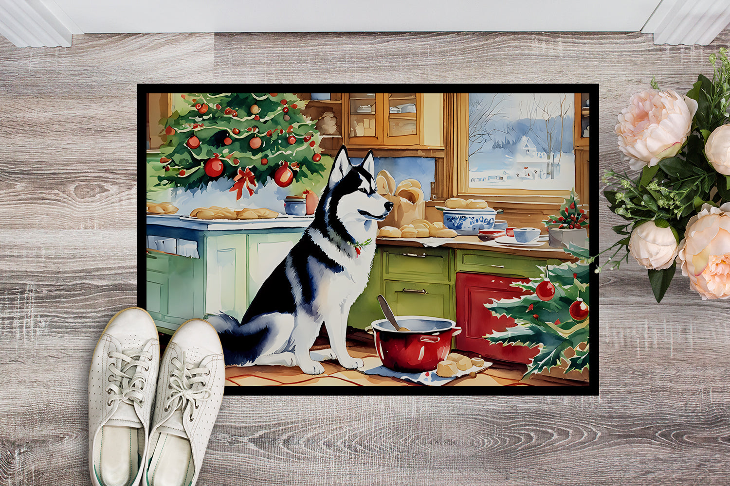 Siberian Husky Christmas Cookies Doormat Indoor Outdoor 24H X 36W Front Door Mat Rugs for Entryway, Non Slip Washable Low Pile,
