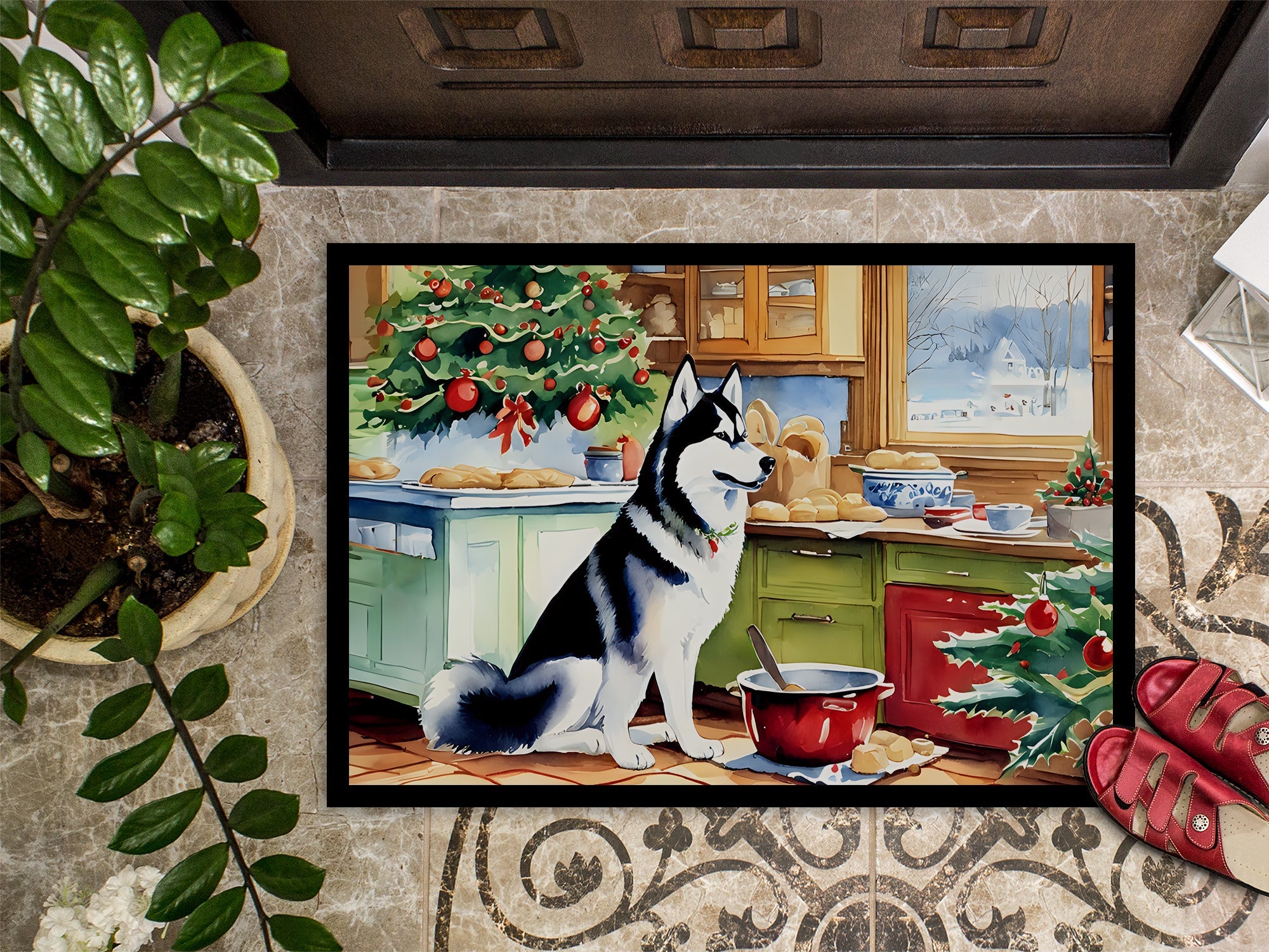 Siberian Husky Christmas Cookies Doormat Indoor Outdoor 18H X 27W Front Door Mat Rugs for Entryway, Non Slip Washable