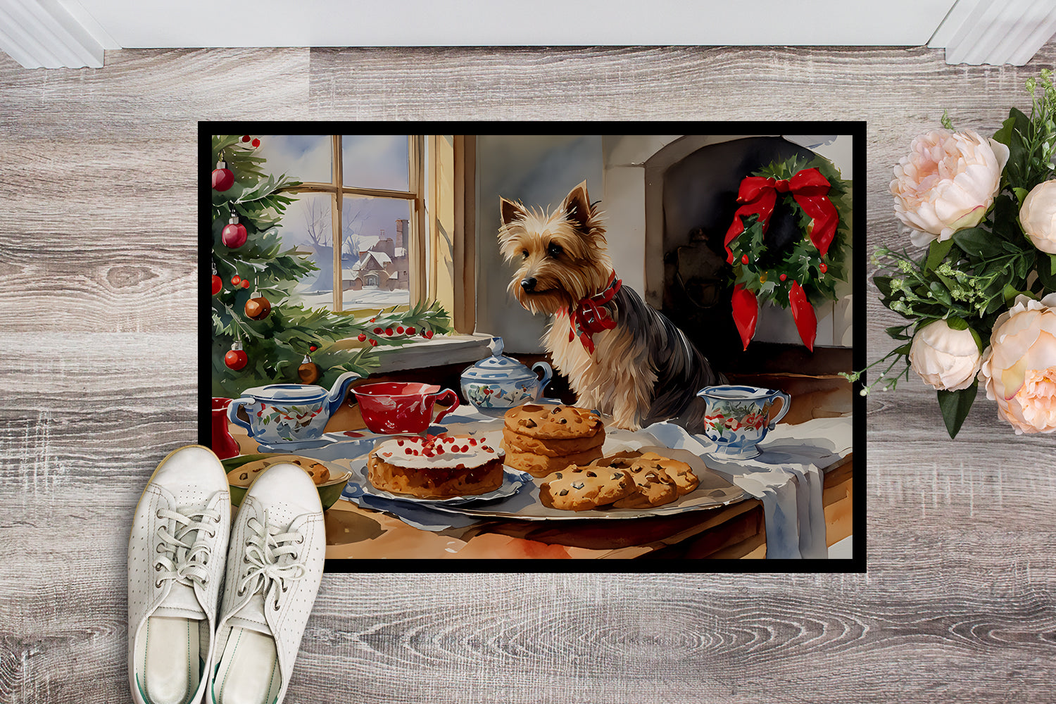 Silky Terrier Christmas Cookies Doormat Indoor Outdoor 18H X 27W Front Door Mat Rugs for Entryway, Non Slip Washable