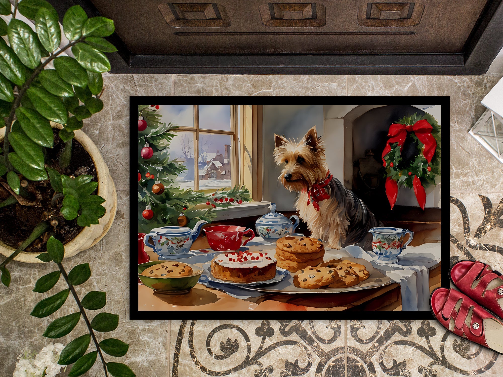Silky Terrier Christmas Cookies Doormat Indoor Outdoor 18H X 27W Front Door Mat Rugs for Entryway, Non Slip Washable