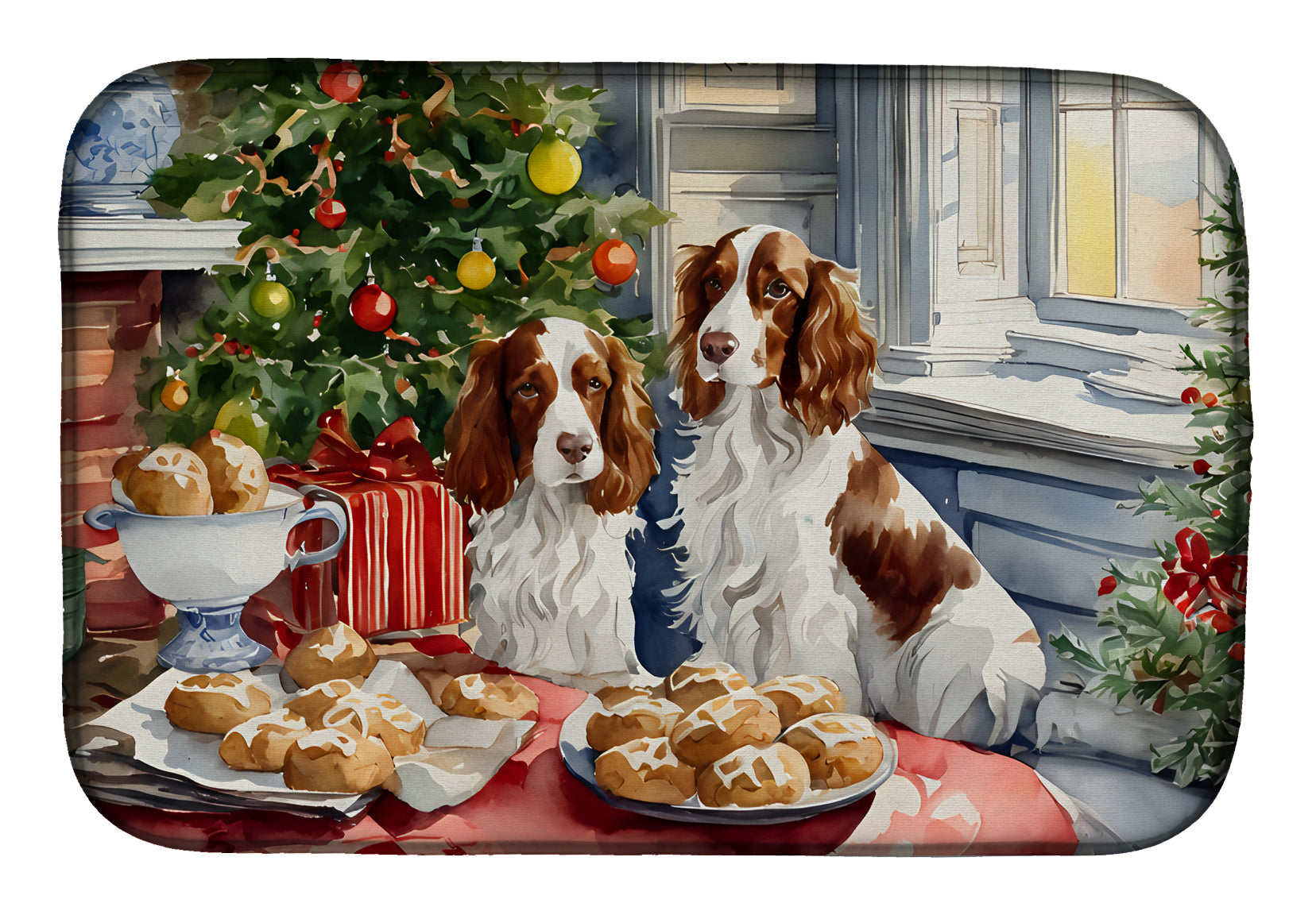 Welsh Springer Spaniel Christmas Cookies Dish Drying Mat Absorbent Dish Drying Mat Pad for Kitchen Counter Dish Drainer Mat for Countertop, 14 x 21", Multicolor