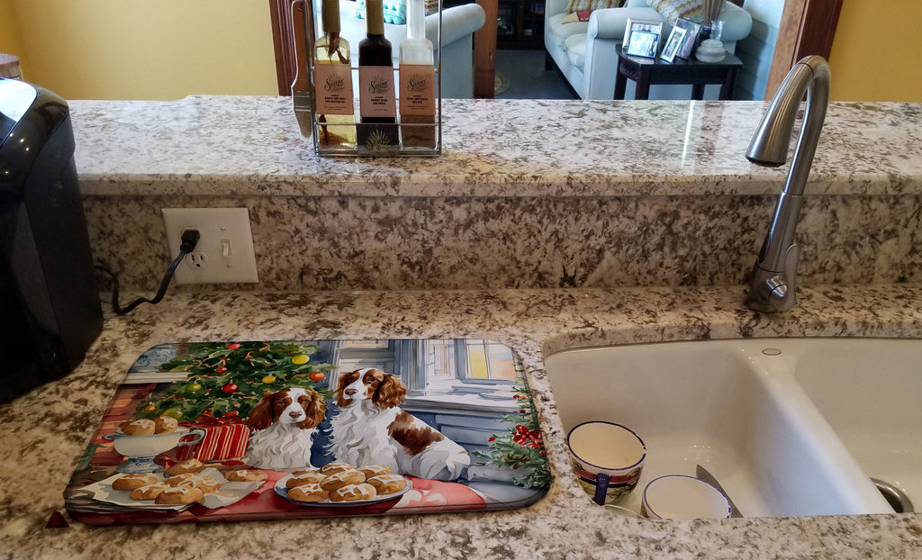 Welsh Springer Spaniel Christmas Cookies Dish Drying Mat Absorbent Dish Drying Mat Pad for Kitchen Counter Dish Drainer Mat for Countertop, 14 x 21", Multicolor